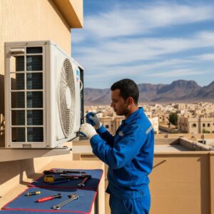 Expert technician repairing an air conditioner in Tabuk, Saudi Arabia, to provide fast and high-quality AC repair service