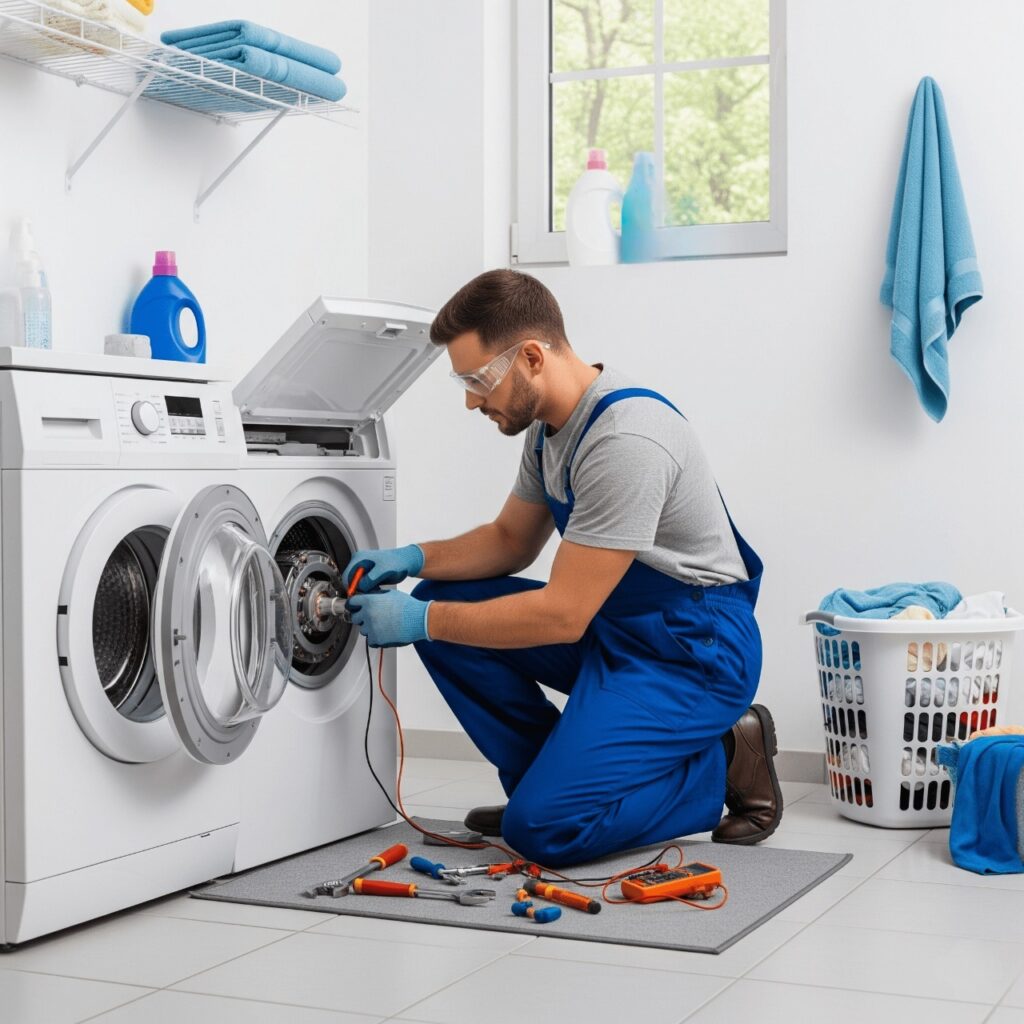 فني يرتدي ملابس عمل زرقاء ونظارات أمان، وهو يركع لإصلاح غسالة ذات تعبئة أمامية في غرفة غسيل بيضاء ومضاءة جيدًا