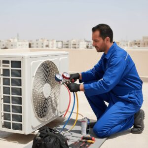 فني صيانة مكيفات يرتدي زيًا أزرق ويقوم بفحص وحدة تكييف هواء خارجية على سطح مبنى في تبوك، مستخدمًا مقاييس ضغط الفريون وأدوات الصيانة.