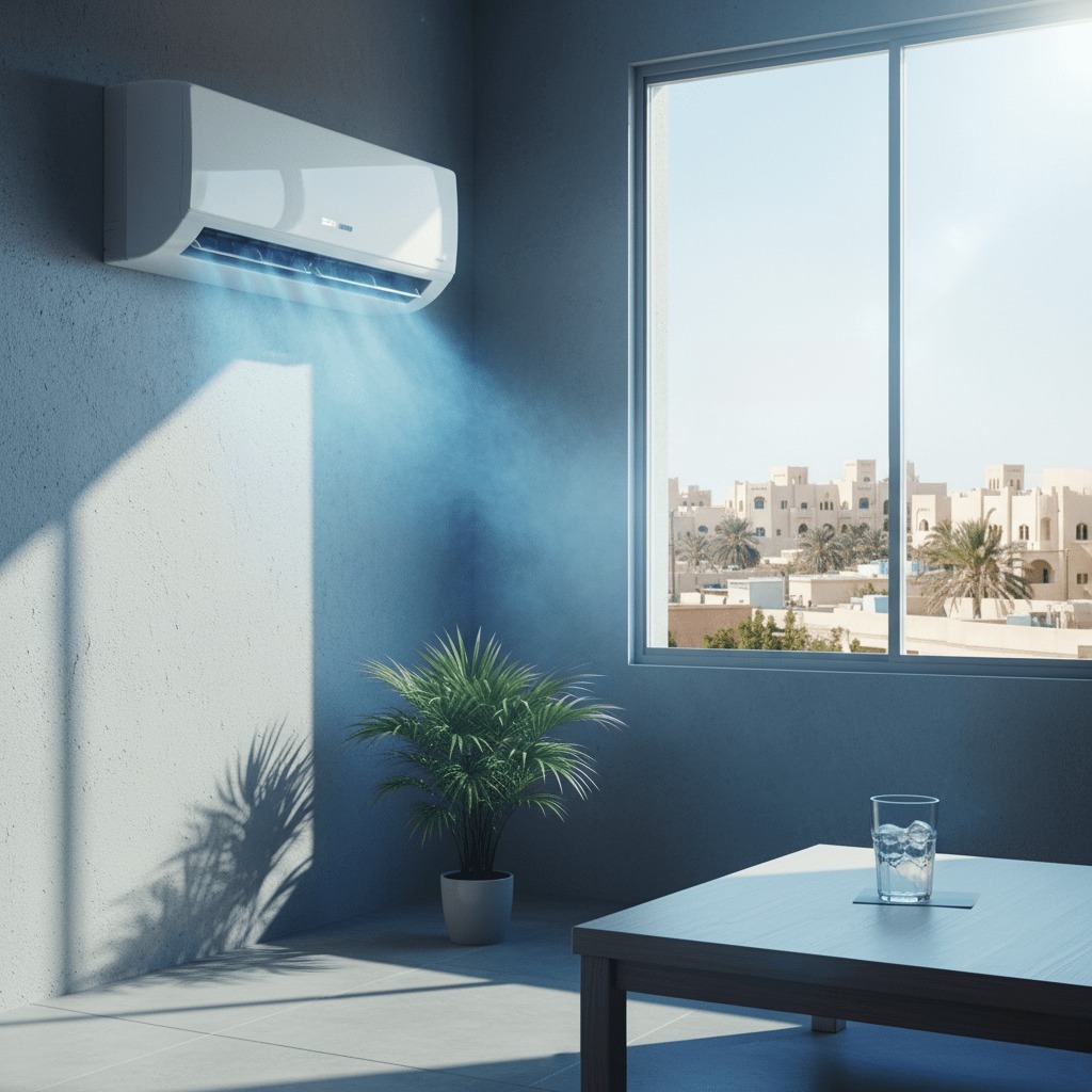 مكيف هواء حديث يبرد غرفة مظللة بفعالية في يوم صيفي حار، مع إشارة نصية "TABUK SUMMER COOL COMFORT" على النافذة التي تطل على مناظر طبيعية للمباني الصحراوية في تبوك.