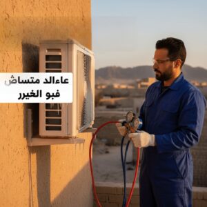فني مكيفات بتبوك يعيد شحن فريون جهاز AC. ثلج على أنابيب المكيف يدل على نقص الغاز. صيانة فريون في تبوك.