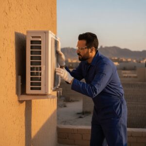 فني مكيفات في تبوك يفحص أنابيب وحدة التكييف الخارجية المغطاة بالثلج، علامة على تسرب أو نقص الفريون. خدمة تعبئة فريون بتبوك.